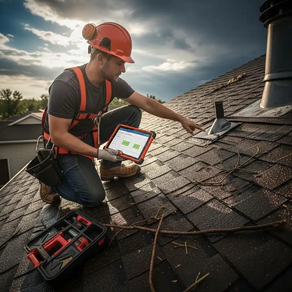 Roofing professional assessing damage during an emergency roof repair in Mason, Ohio