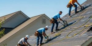 Roofing team repairing a residential roof in Mason, Ohio, emphasizing next day service urgency