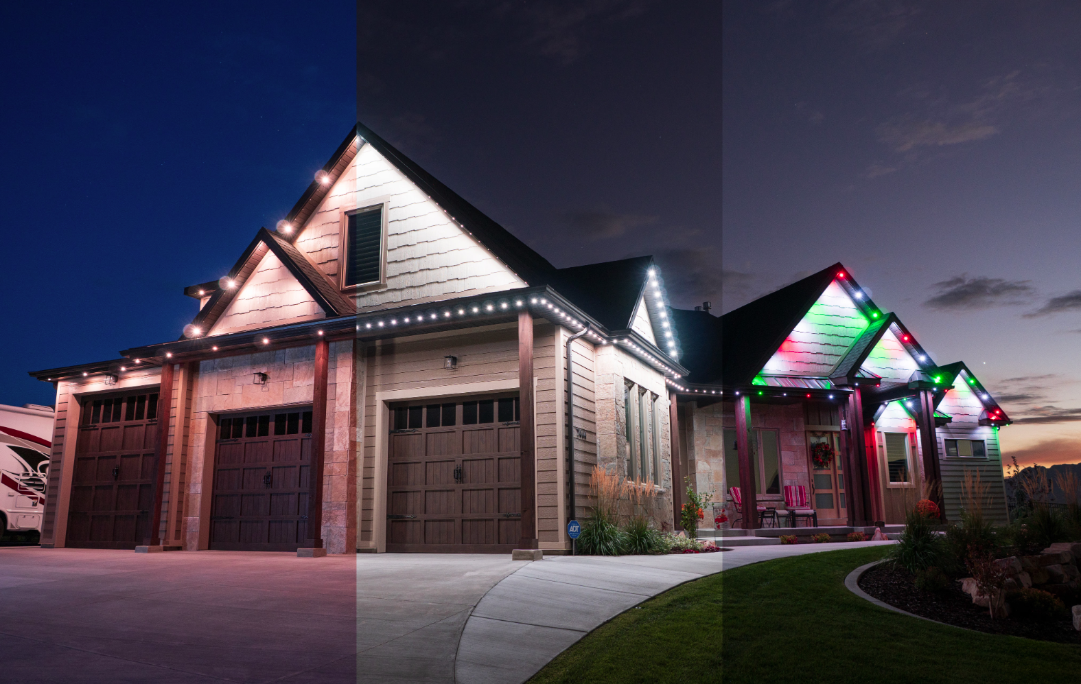 JellyFish permanent lighting on a finished home exterior