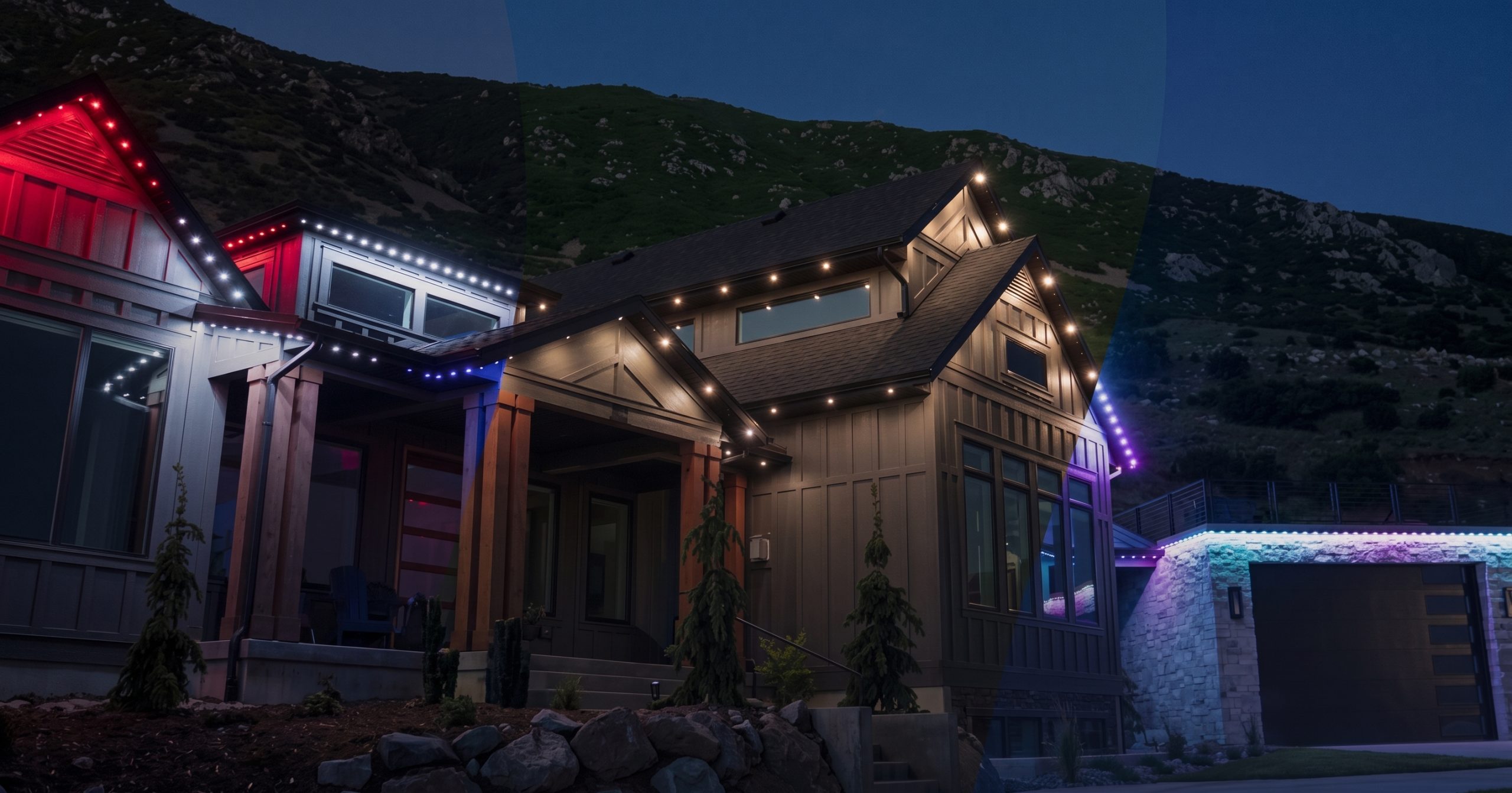 House with JellyFish permanent lights along the roofline at night