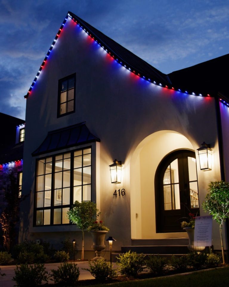 Roofline lit in patriotic red, white and blue