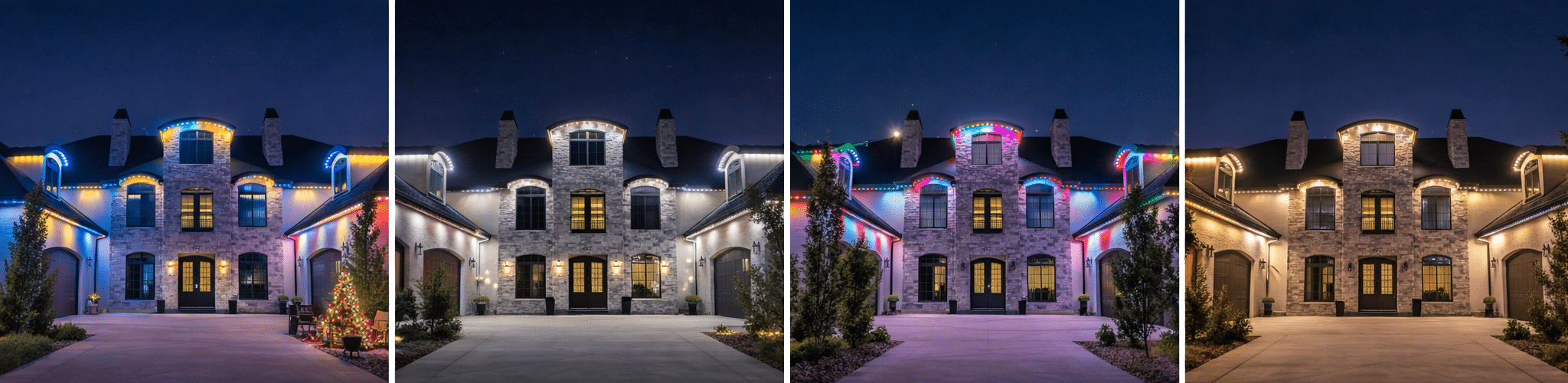 The same house lit in several JellyFish color scenes