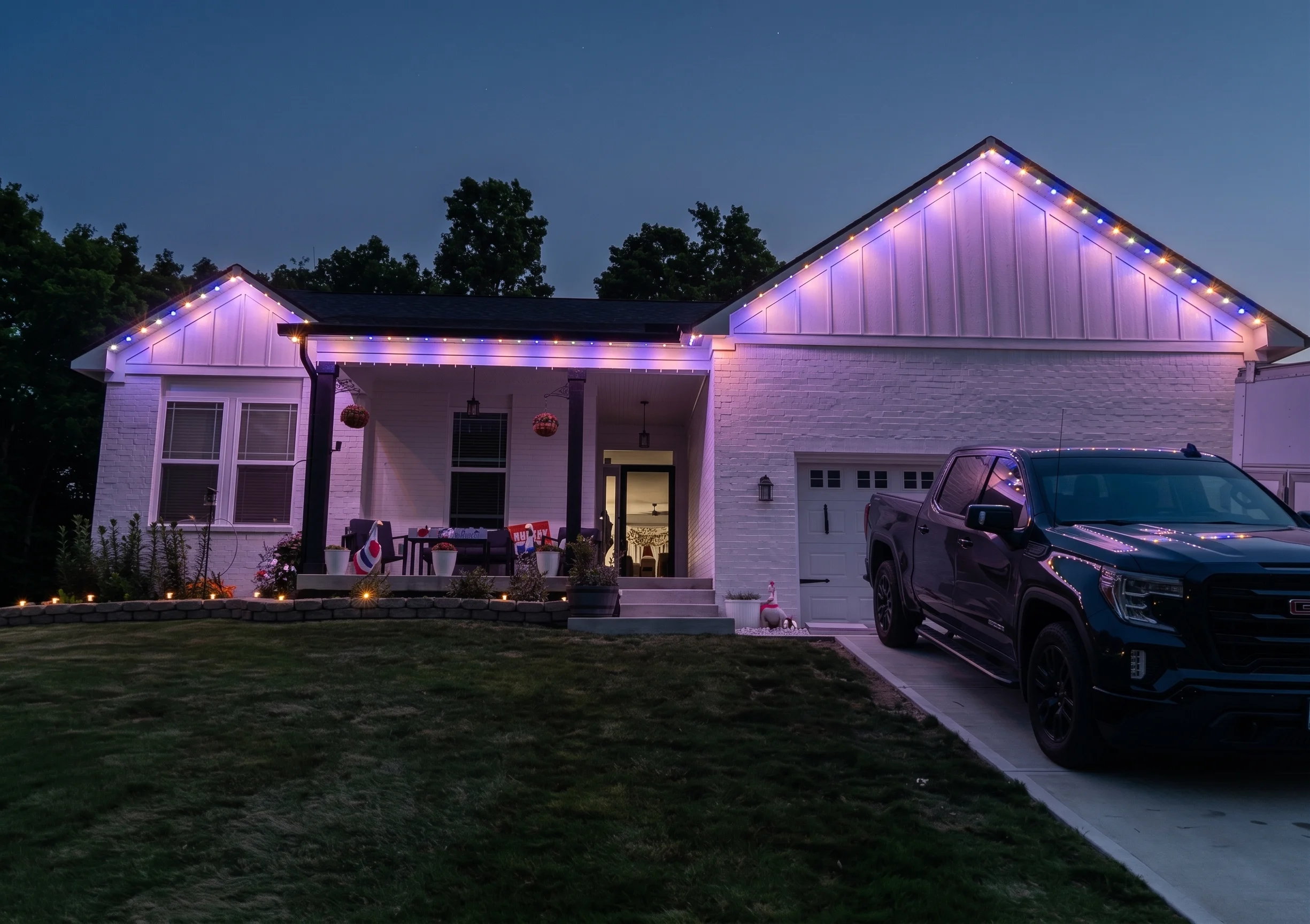 Home lit in Halloween orange and purple