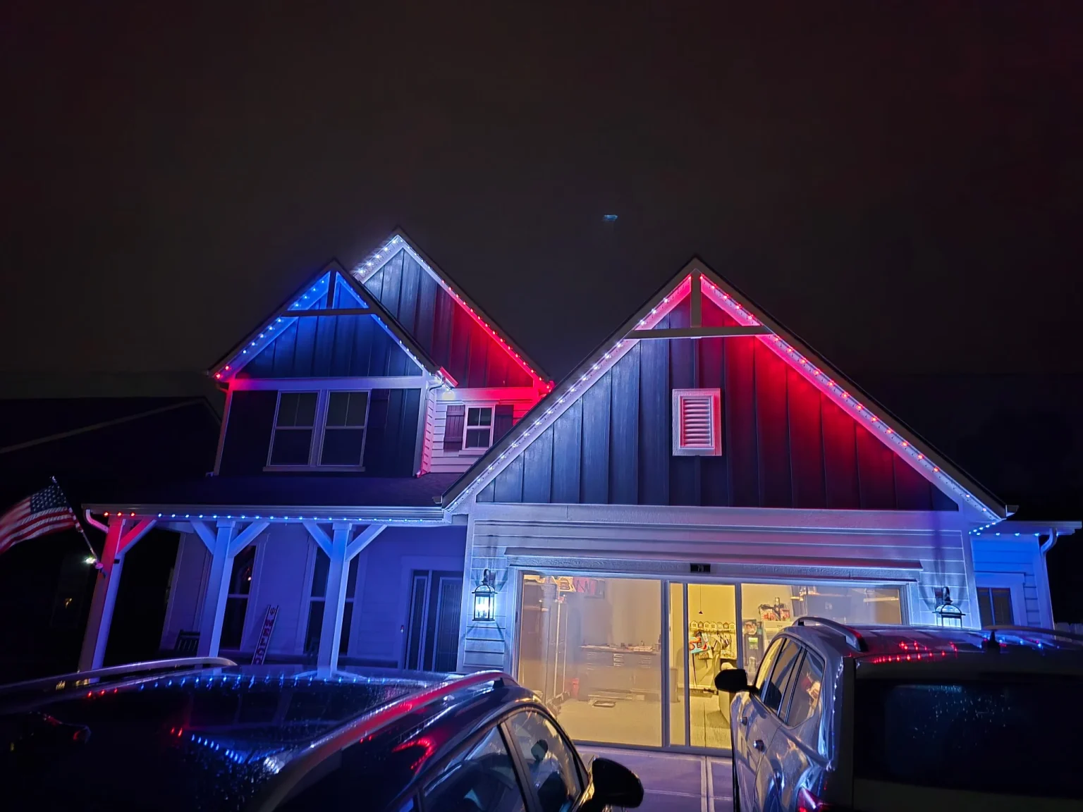 Midwest home lit in red, white and blue for the 4th of July